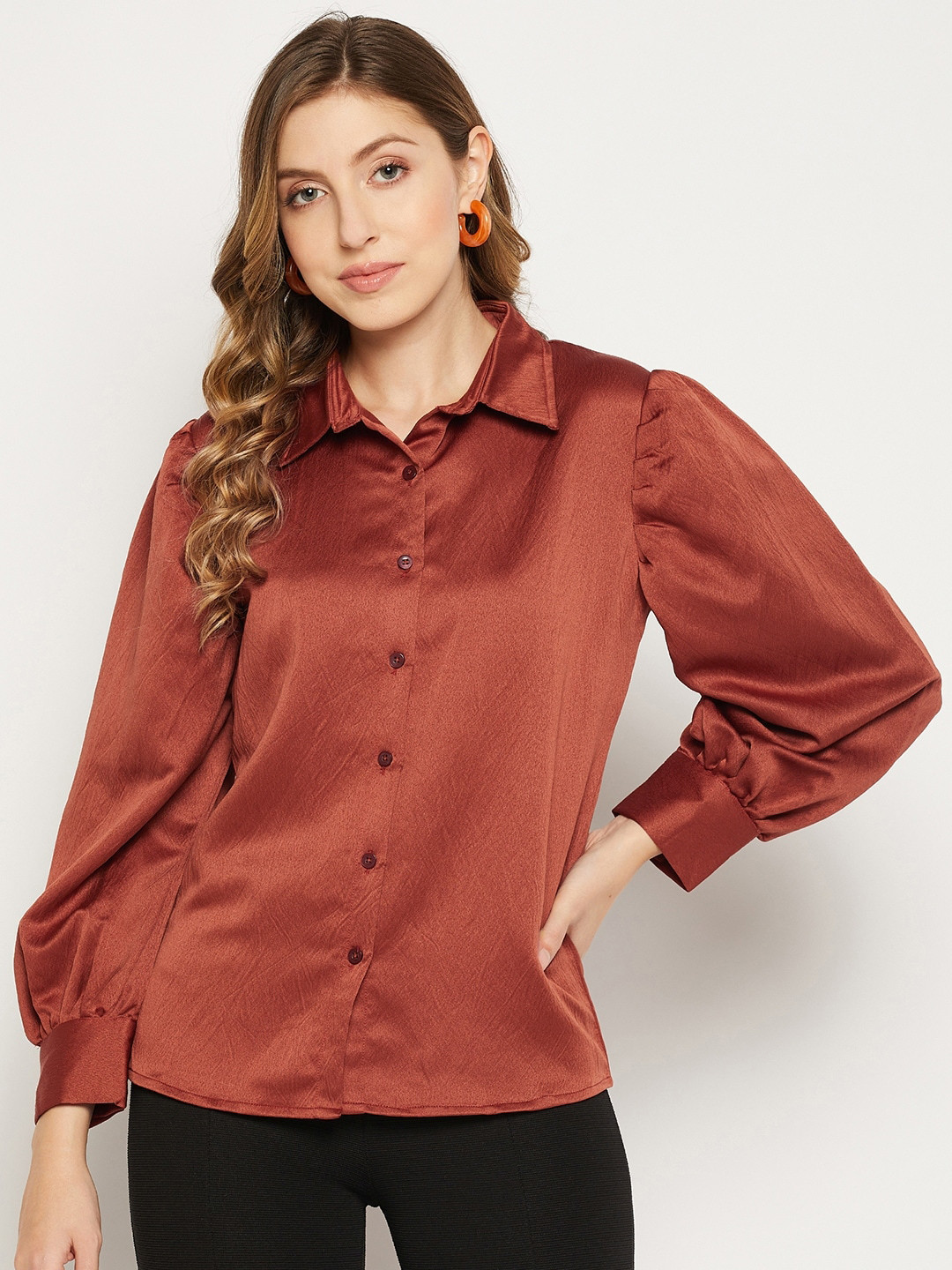 

Fashfun Women Satin Casual Shirt, Rust