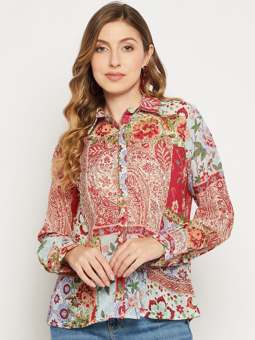 

Fashfun Women Floral Semi Sheer Printed Casual Shirt, Blue