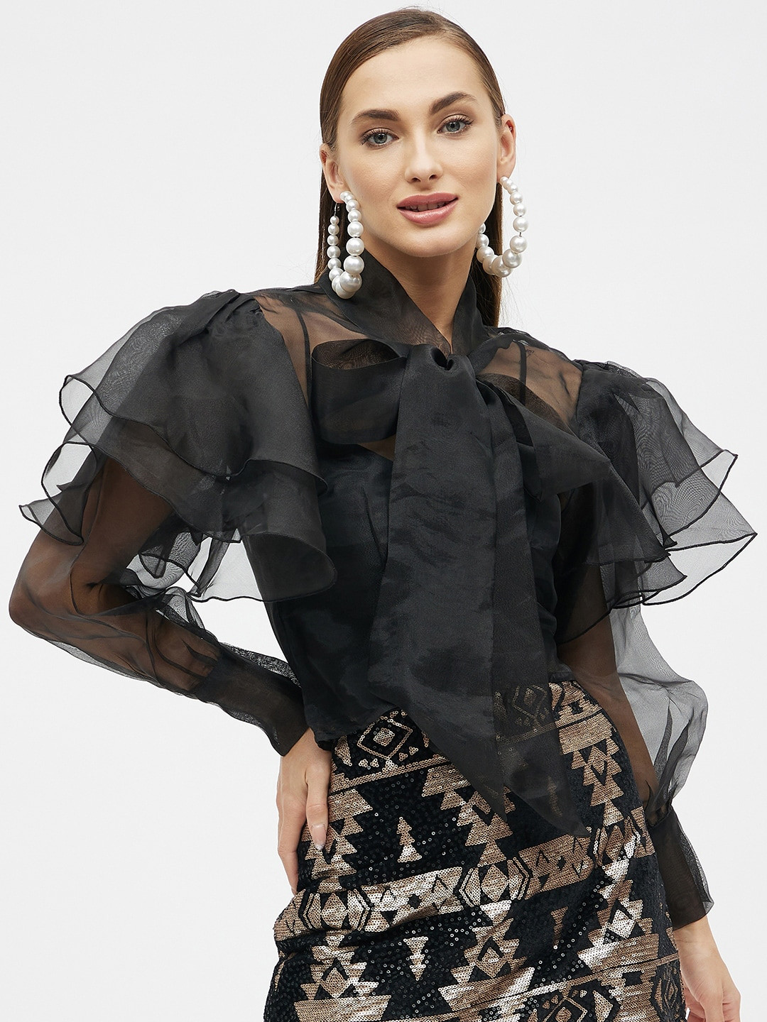 

Kibo Women Classic Sheer Organza Casual Shirt, Black