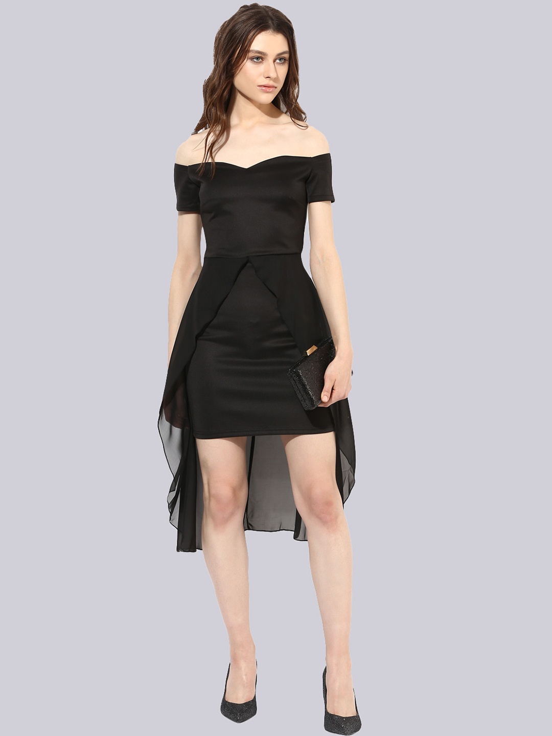 

KLEIO Off-Shoulder Net Sheath Midi Dress, Black