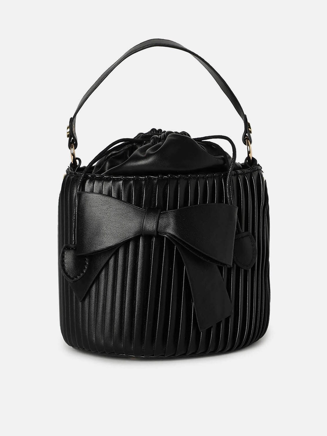 

HAUTE SAUCE by Campus Sutra Textured PU Bucket Handheld Bag with Bow Detail, Black
