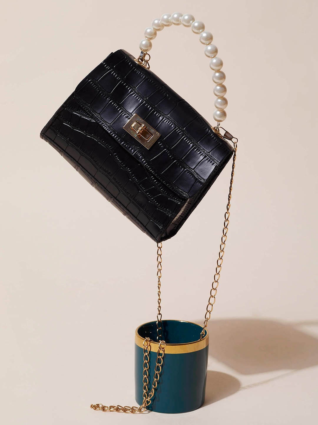 

HAUTE SAUCE by Campus Sutra Textured PU Structured Satchel, Black
