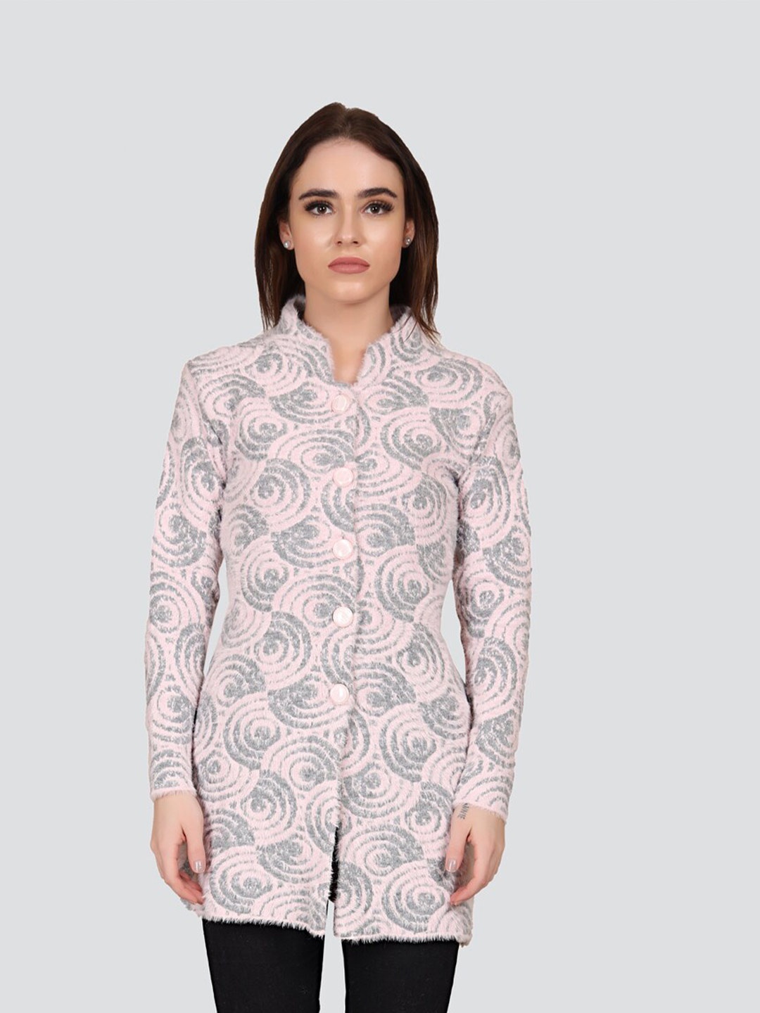 

Arshiya Round Neck Printed Woolen Cardigan, Pink