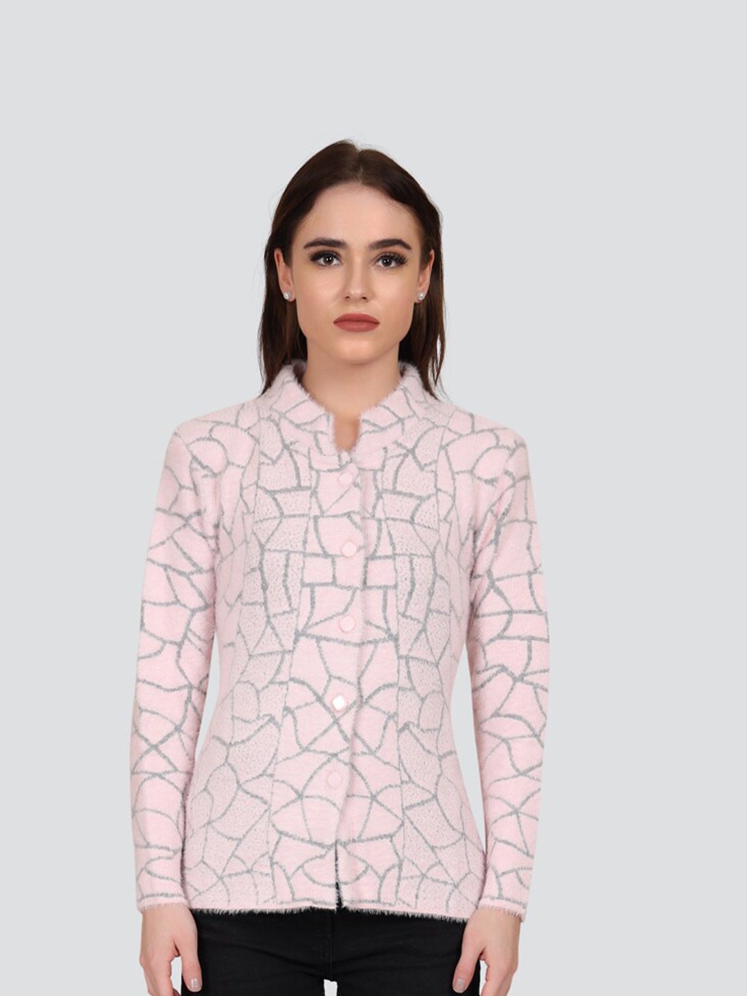 

Arshiya Round Neck Printed Woolen Cardigan, Pink