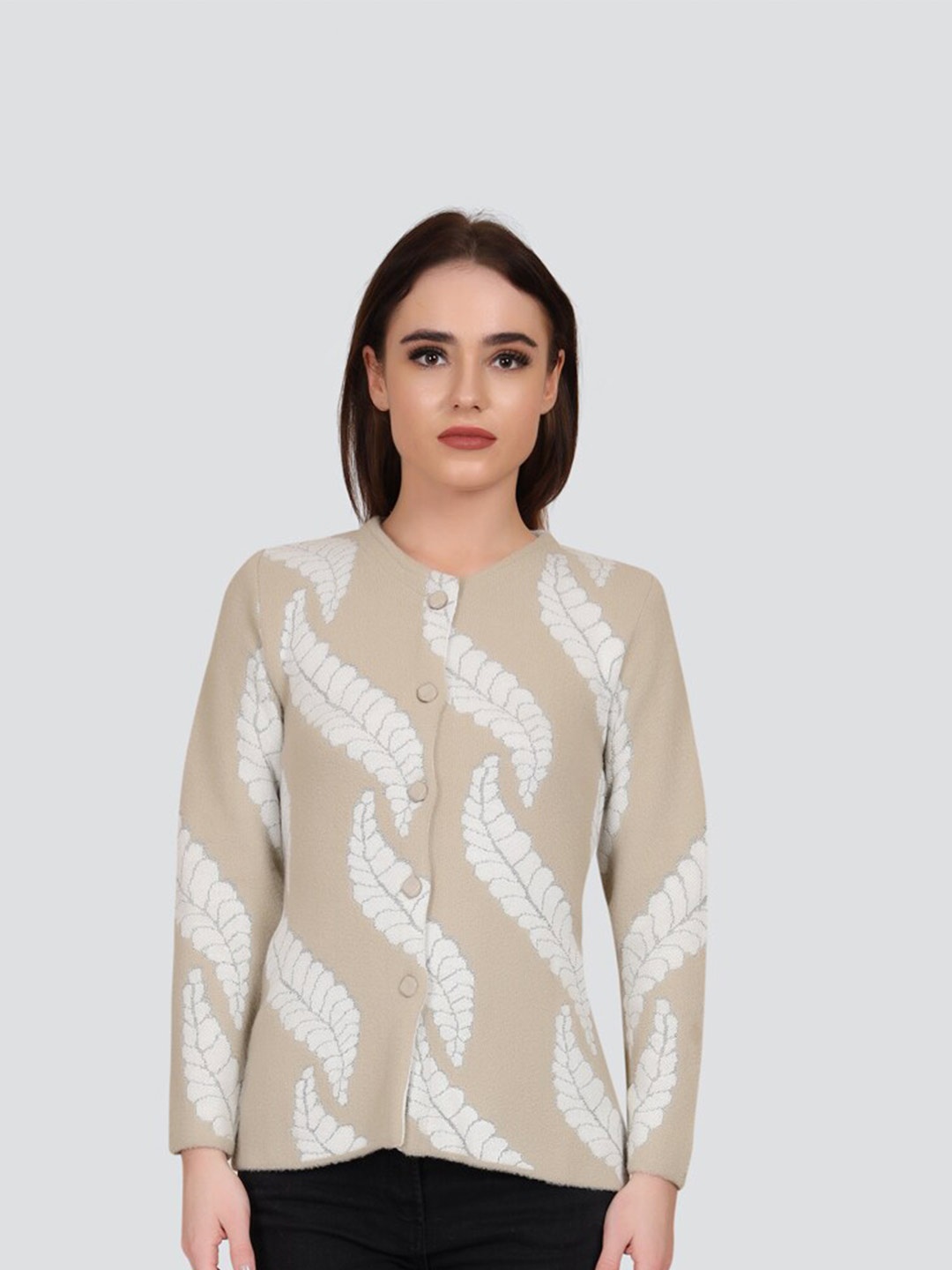 

Arshiya Women Organic Cotton Round Neck Printed Cardigan, Beige