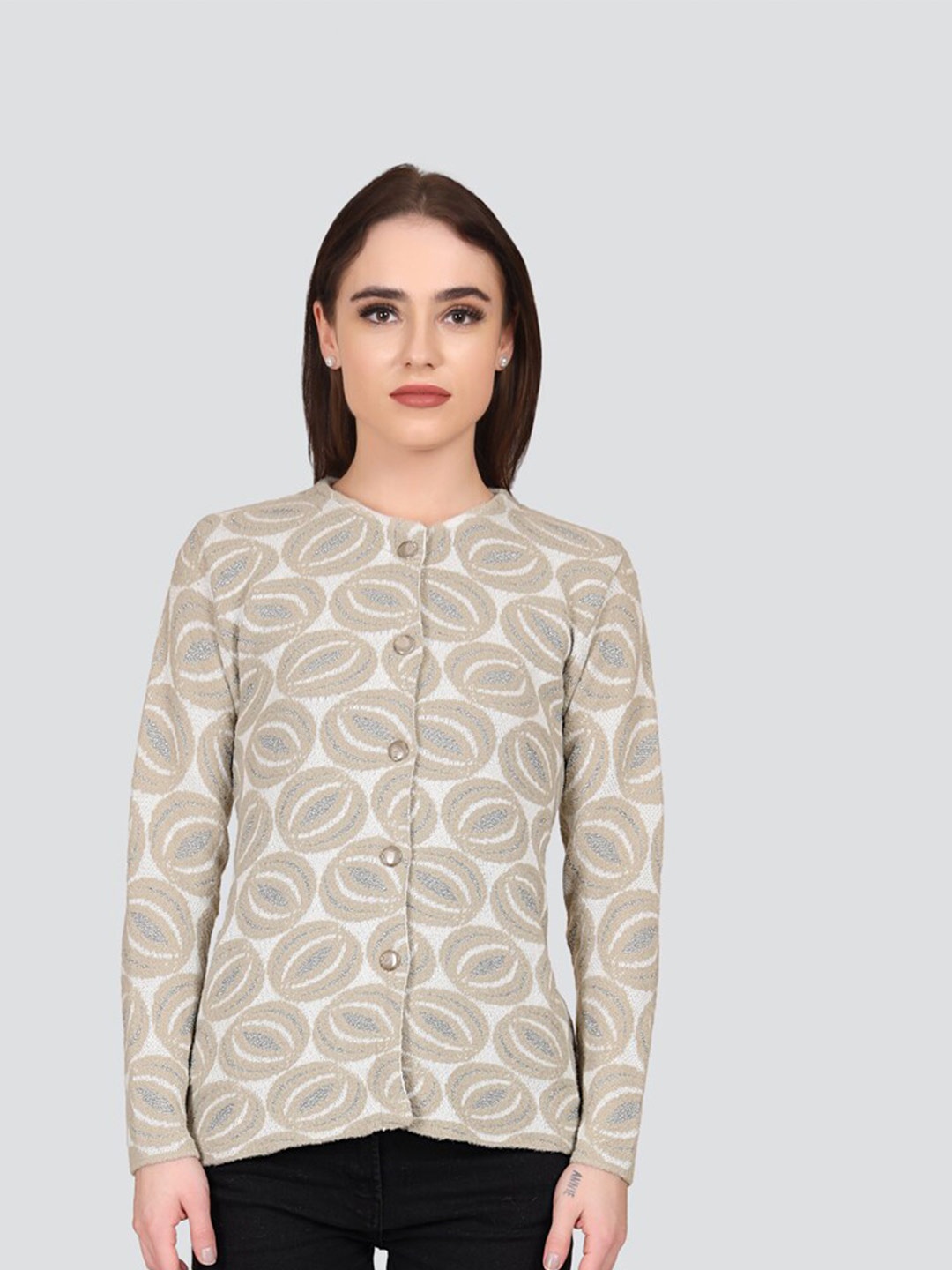 

Arshiya Women Organic Cotton Geometric Printed Cardigan, Grey