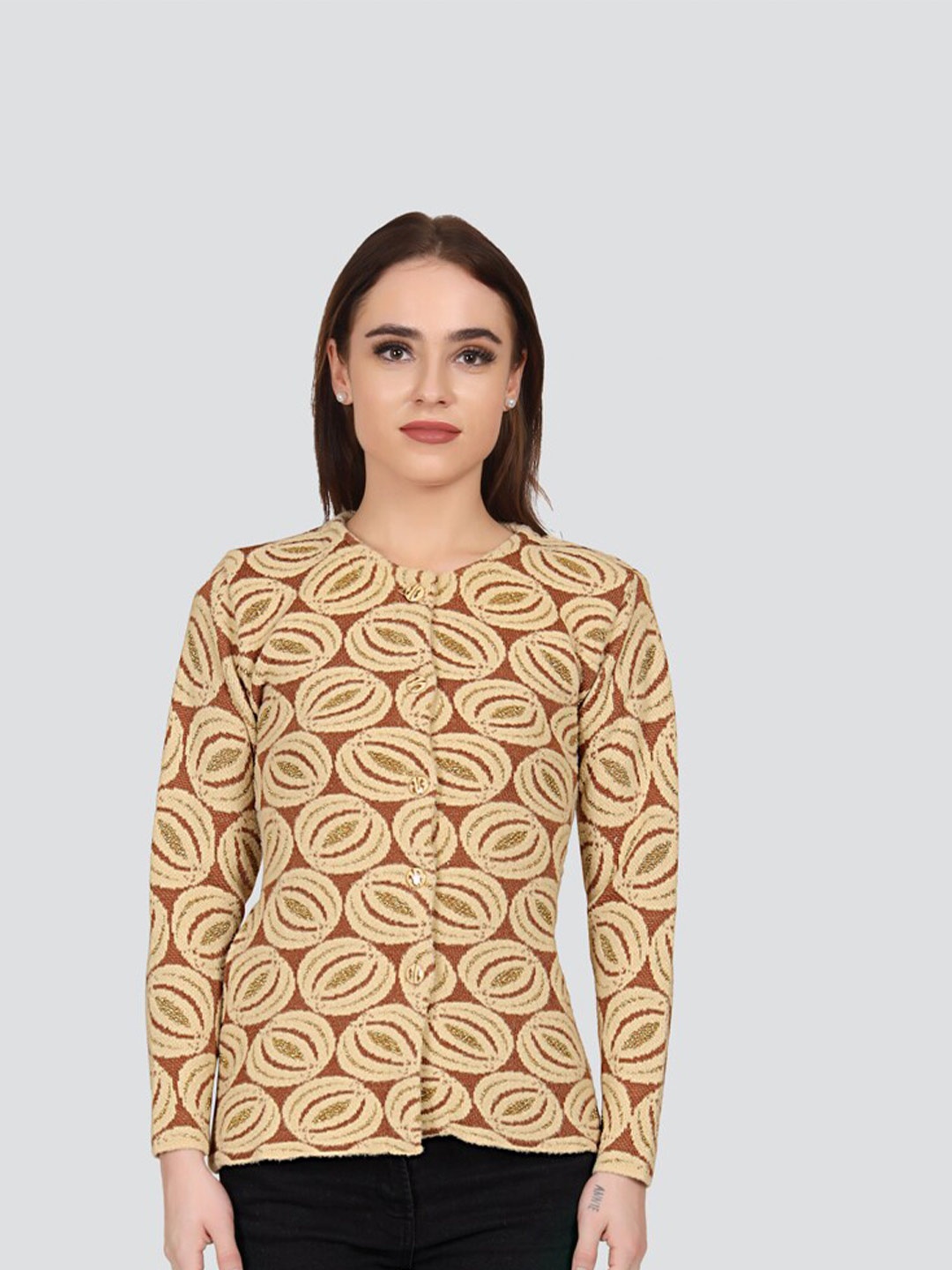 

Arshiya Women Organic Cotton Printed Cardigan, Camel brown