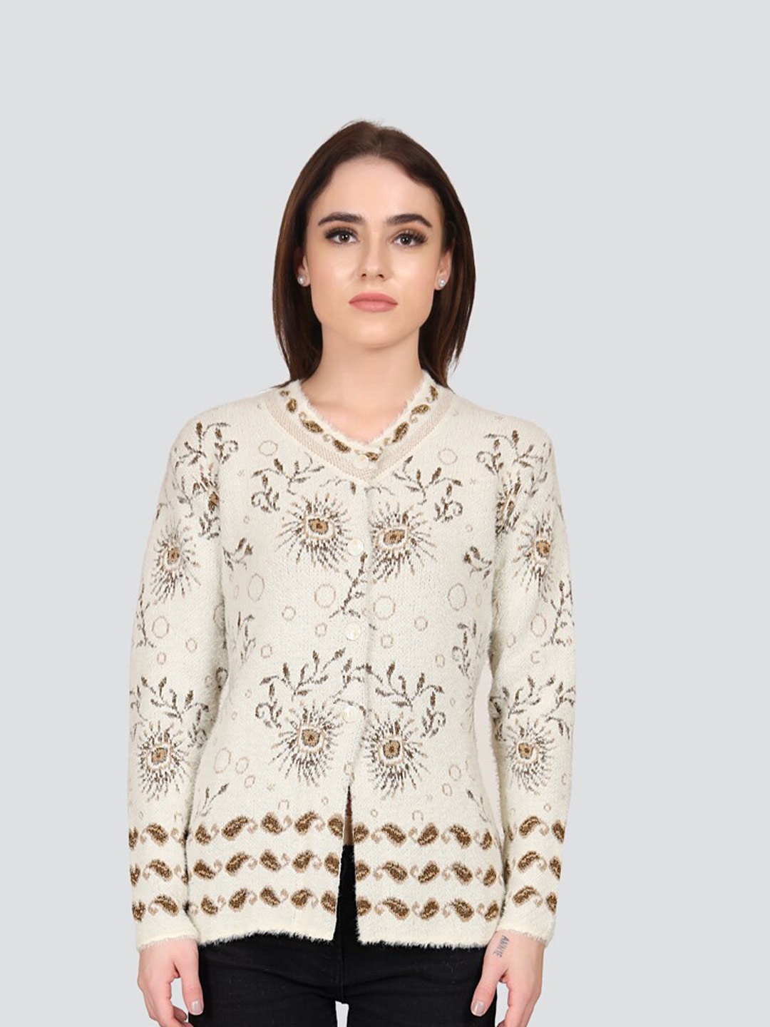 

Arshiya Round Neck Floral Printed Woolen Cardigan, Cream