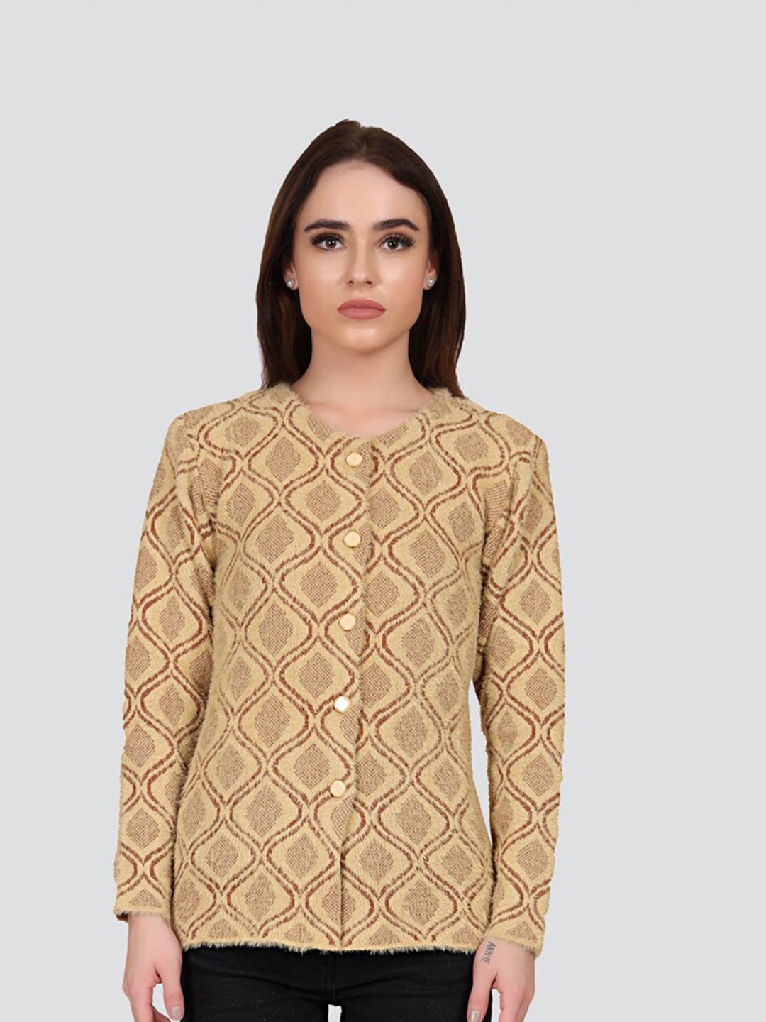 

Arshiya Round Neck Geometric Printed Woolen Cardigan, Camel brown