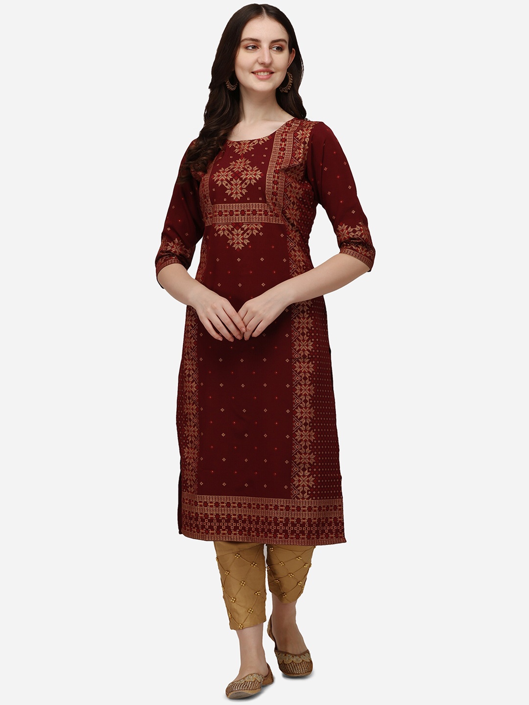 

Berrylicious Round Neck Ethnic Motifs Printed Crepe Kurta, Maroon
