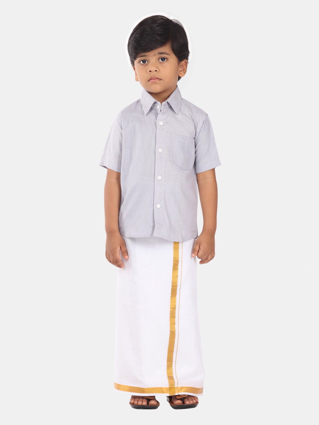 

Sethukrishna Boys Ethnic Pure Cotton Shirt And Veshti Clothing Set, Grey