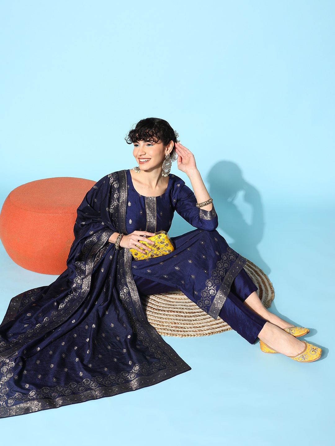 

Kvsfab Women Navy Blue Ethnic Motifs Kurta with Trousers & With Dupatta