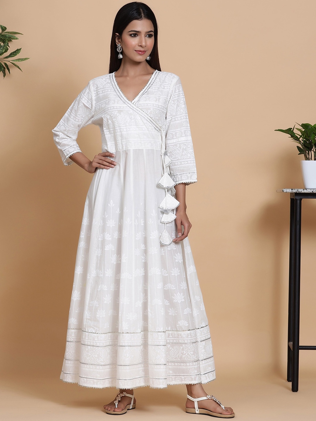 

mirari V-Neck Floral Printed Chikankari Anarkali Cotton Kurta, White