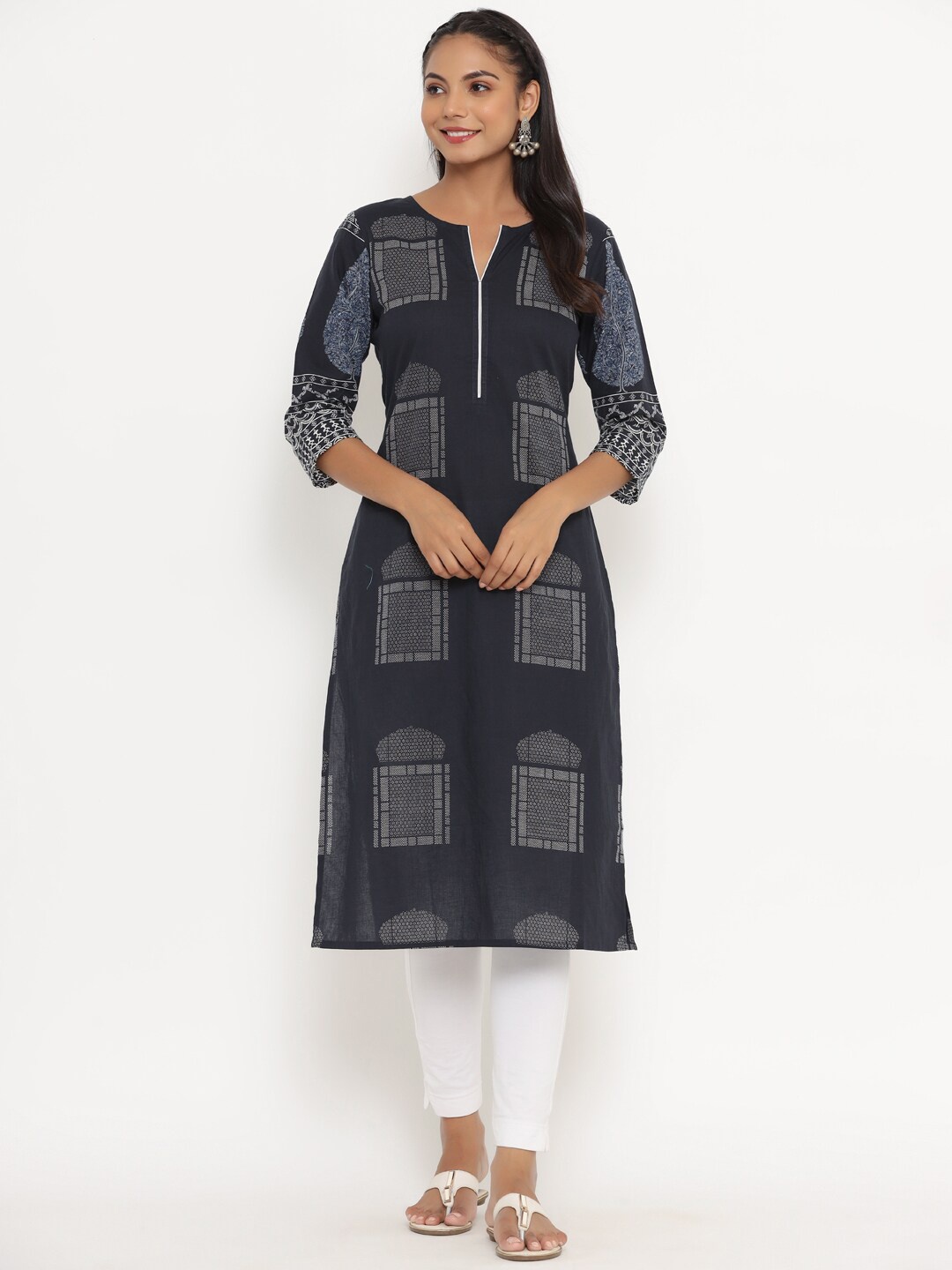 

mirari Abstract Printed Regular Fit Cotton Kurta, Navy blue