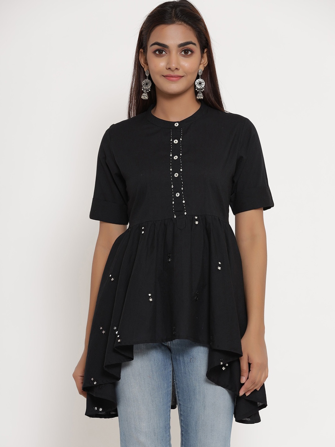

mirari Women Floral Embroidered Mirror Work Floral Cotton Kurta, Black