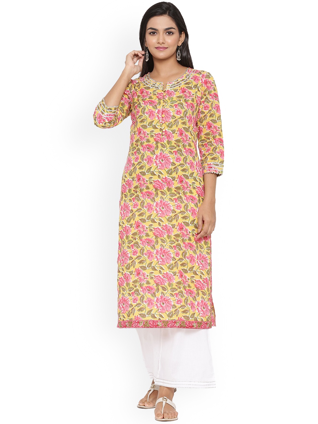 

mirari Women Floral Printed Round Neck Cotton Kurta, Yellow