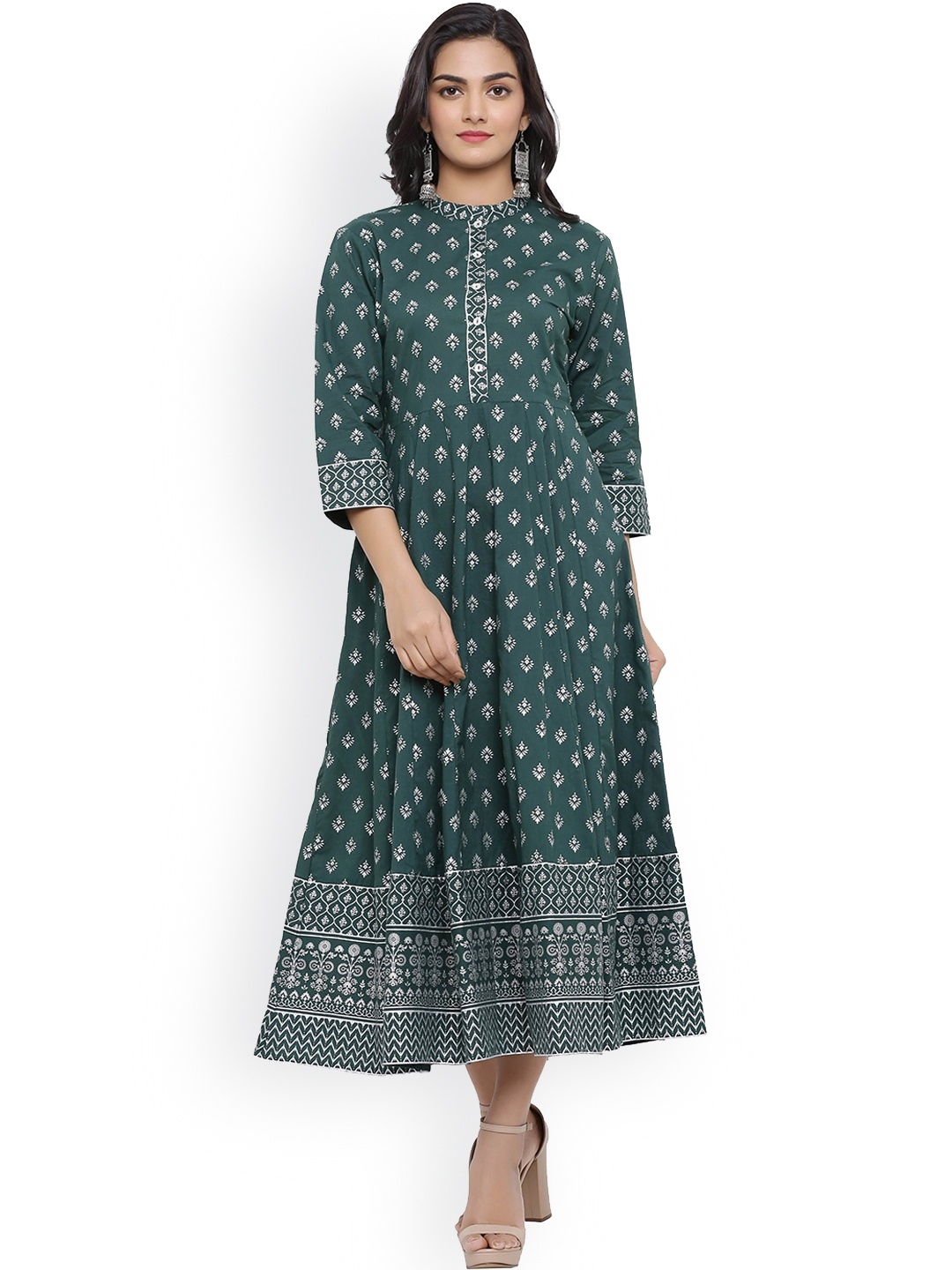 

mirari Ethnic Motifs Printed Anarkali Cotton Kurta, Green