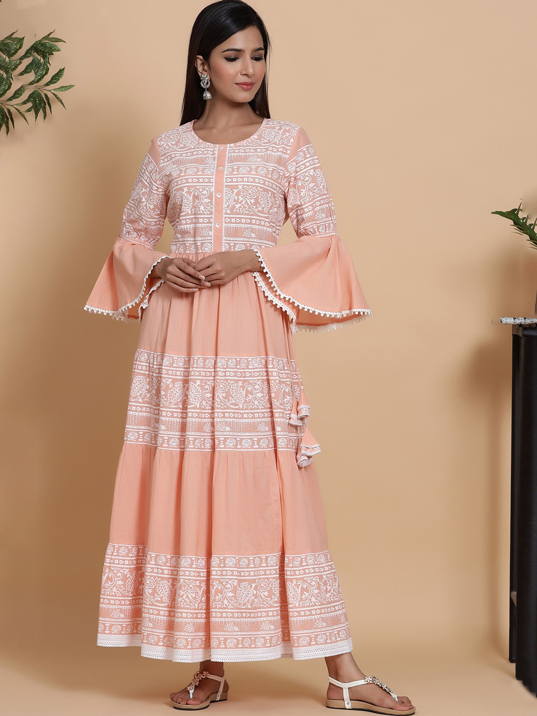 

mirari Floral Printed Bell Sleeves Thread Work Cotton Anarkali Kurta, Peach