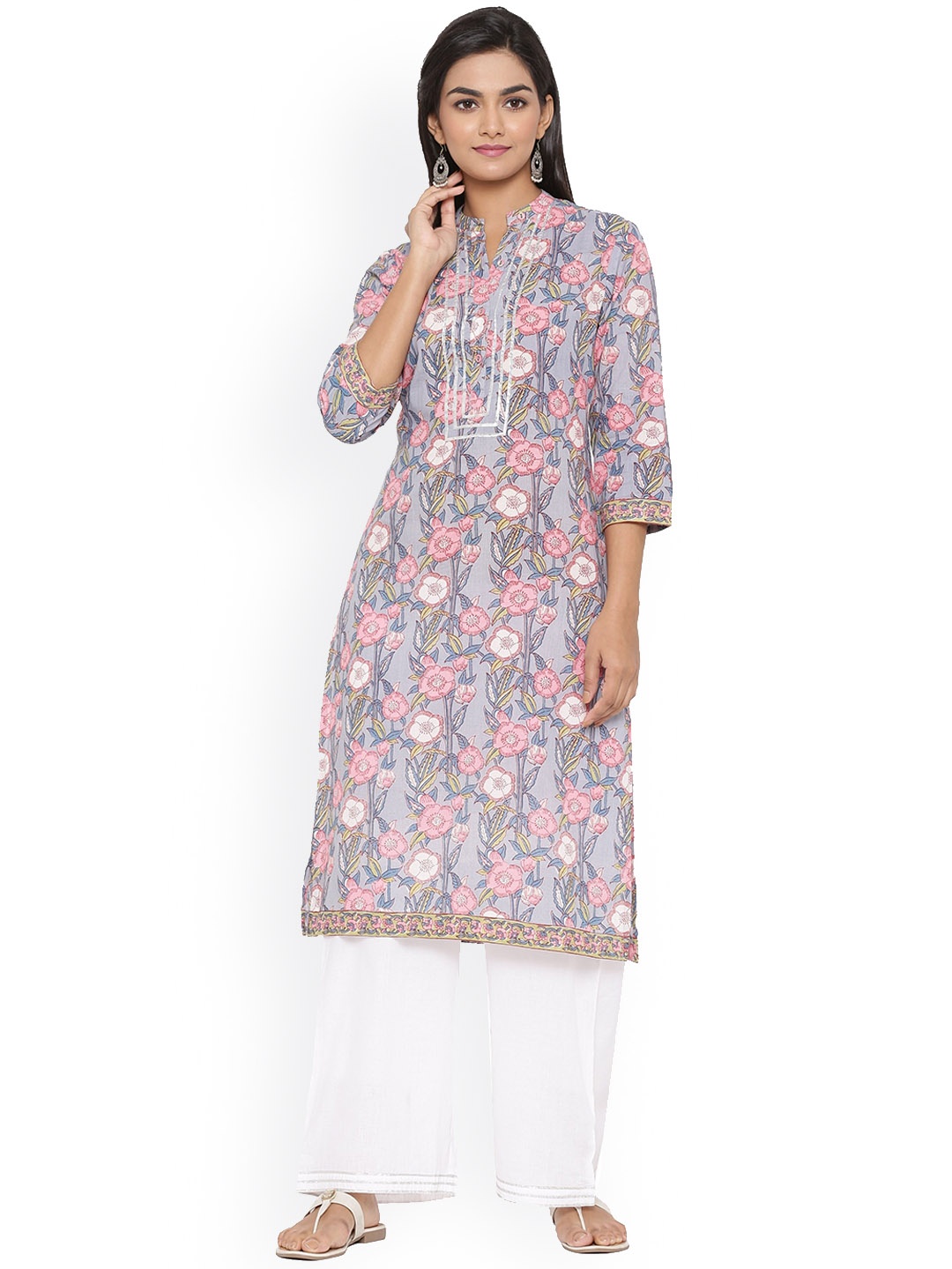 

mirari Printed Mandarin Collar Cotton Kurta, Blue