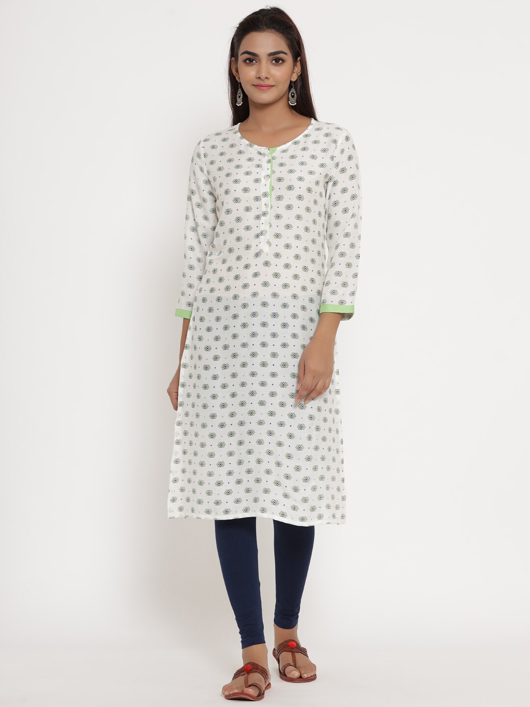 

mirari Geometric Printed Round Neck Cotton Kurta, White
