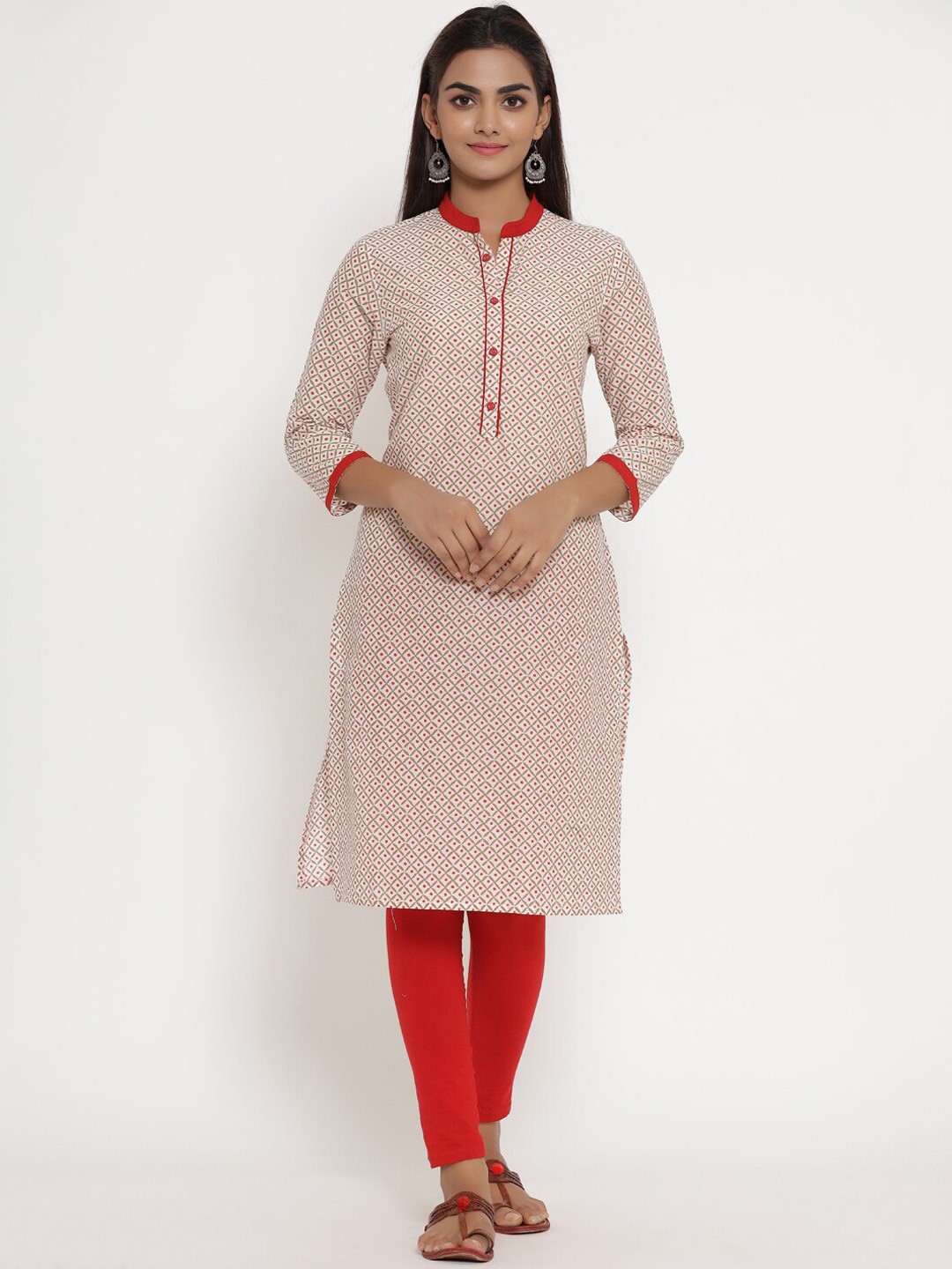 

mirari Printed Mandarin Collar Cotton Kurta, Red