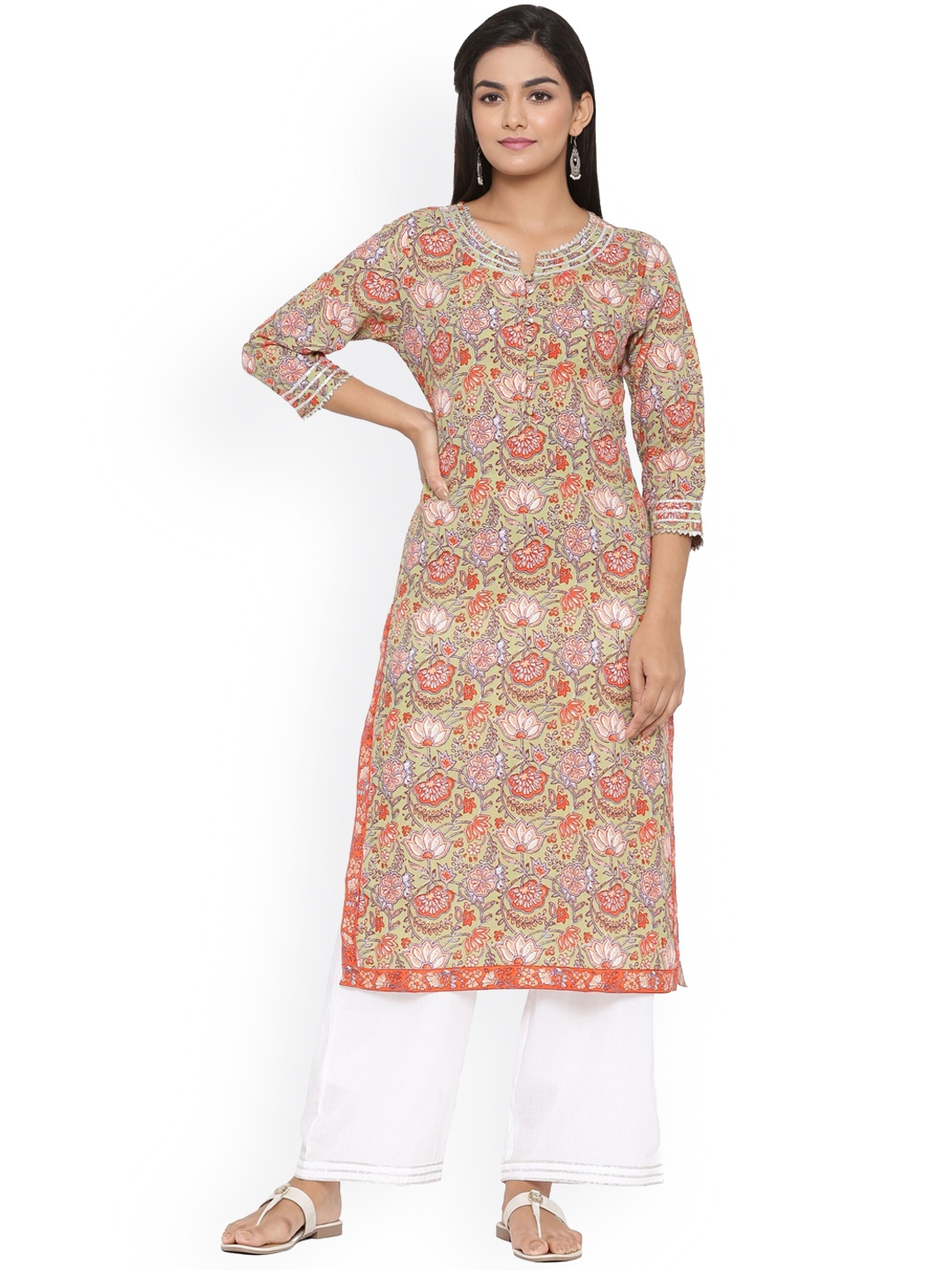

mirari Floral Printed Straight Regular Cotton Kurta, Green