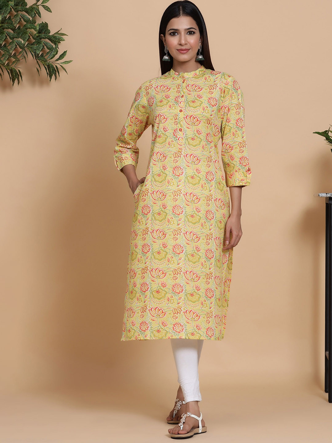 

mirari Mandarin Collar Floral Printed Cotton Kurta, Yellow