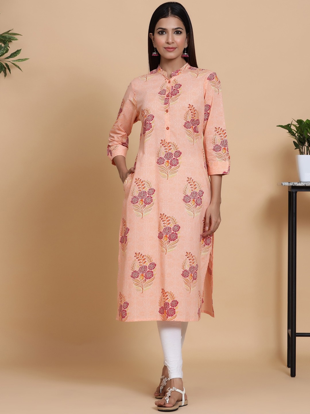 

mirari Mandarin Collar Floral Printed Straight Cotton Kurta, Peach