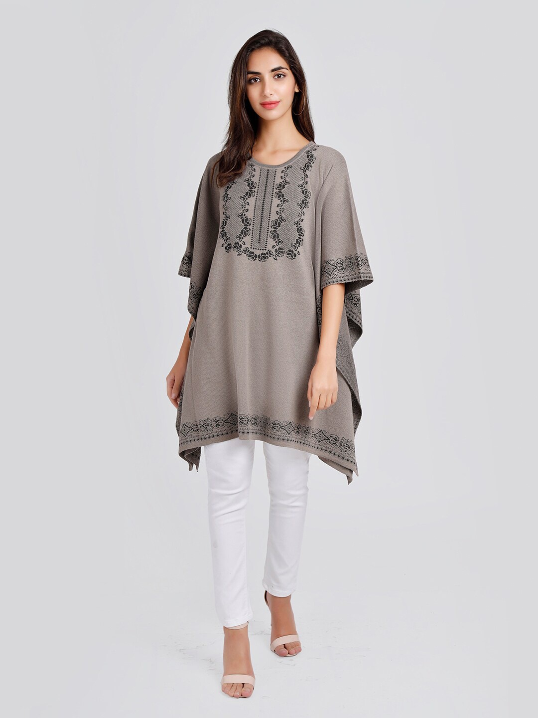

KEIKO Embroidered Flared Sleeves Acrylic Jacquard Kurti, Camel brown