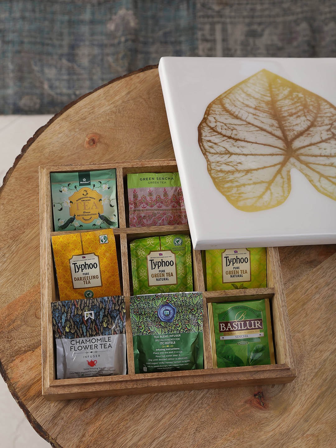 

Amoliconcepts Cosy Comfort Brown Leaf Design Printed Wooden Spice Box With Spoon