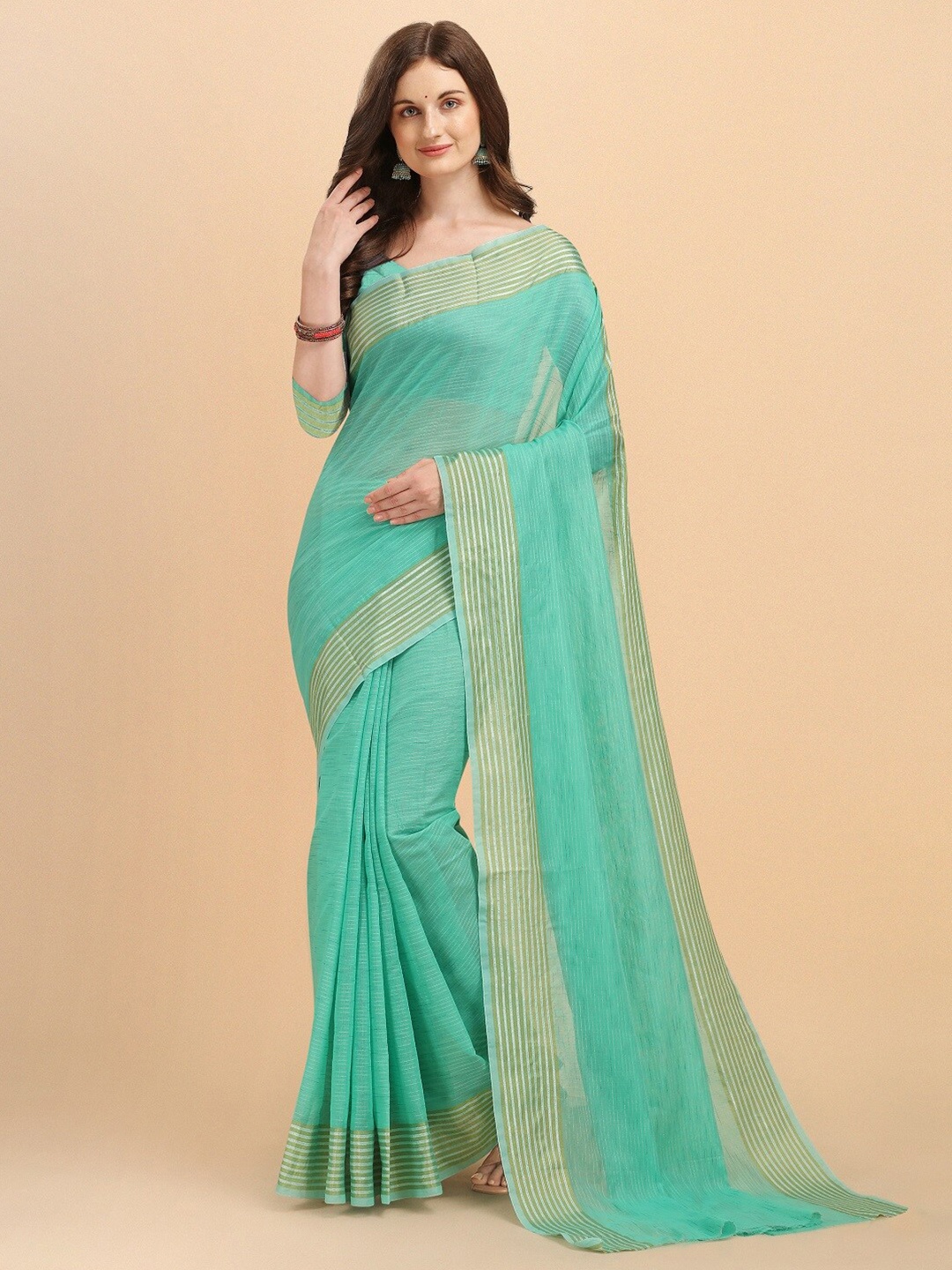 

Naishu Trendz Striped Pure Silk Kanjeevaram Saree, Turquoise blue