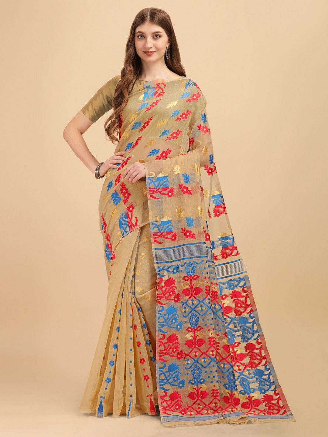 

Naishu Trendz Woven Design Zari Pure Silk Kanjeevaram Saree, Beige