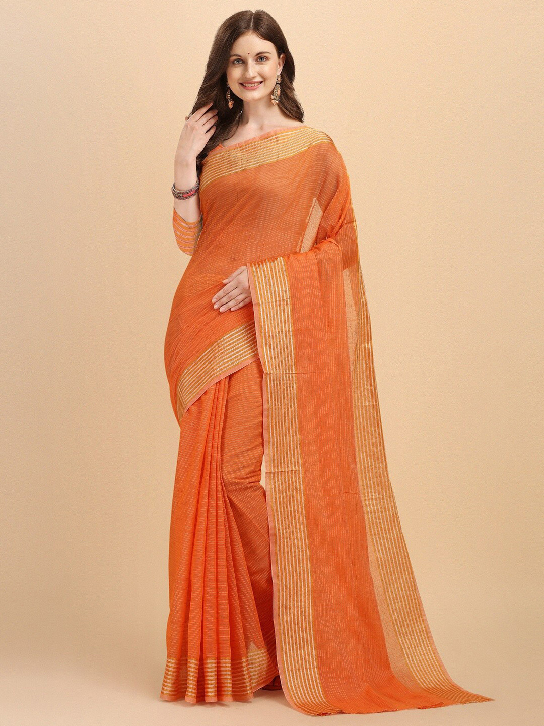 

Naishu Trendz Striped Pure Silk Kanjeevaram Saree, Orange