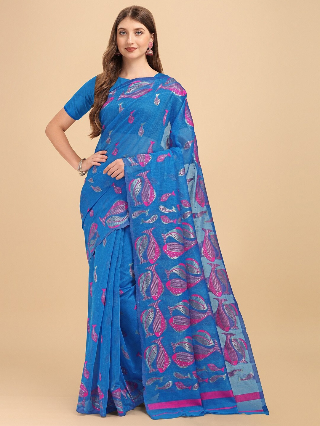 

Naishu Trendz Woven Design Pure Silk Saree, Blue