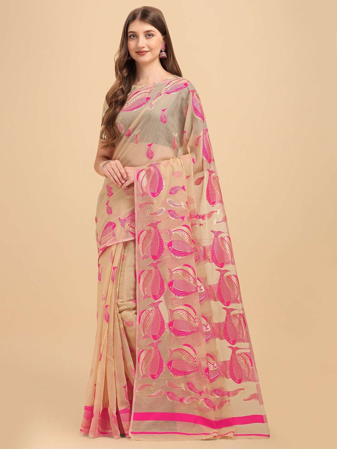 

Naishu Trendz Woven Design Zari Pure Silk Saree, Beige
