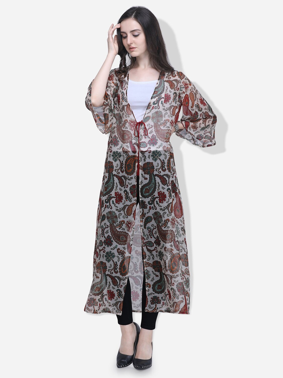 

Fbella Women Printed Longline Tie-Up Shrug, Brown