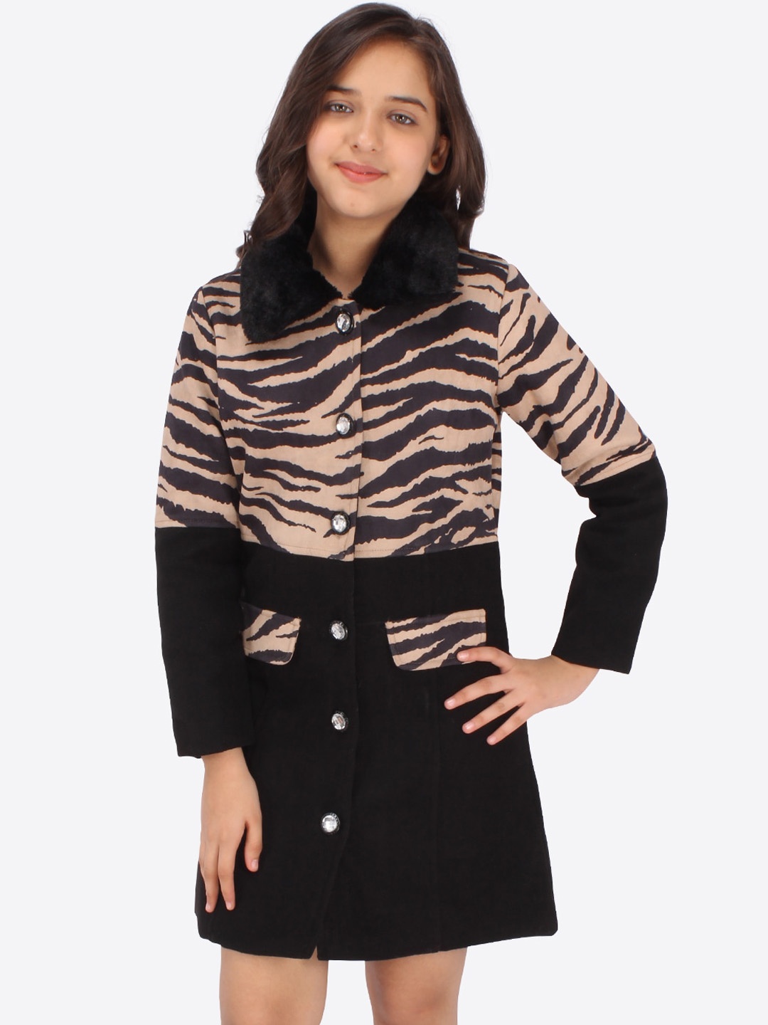 

CUTECUMBER Girls Animal Printed Longline Overcoat, Black