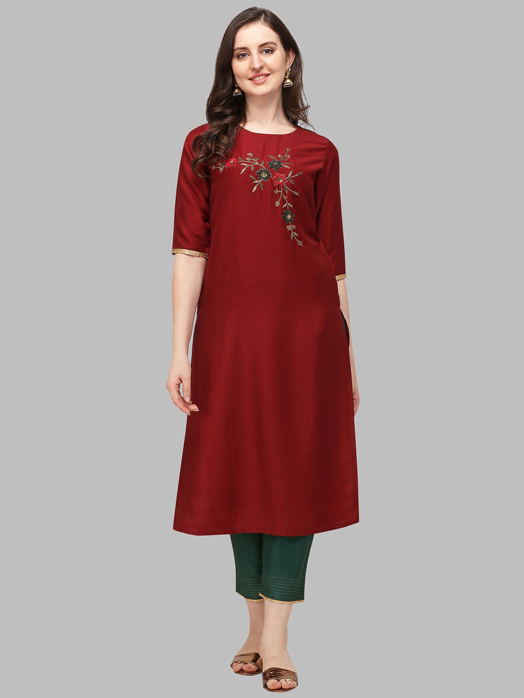 

Berrylicious Women Maroon Floral Embroidered Beads and Stones Kurta with Trousers