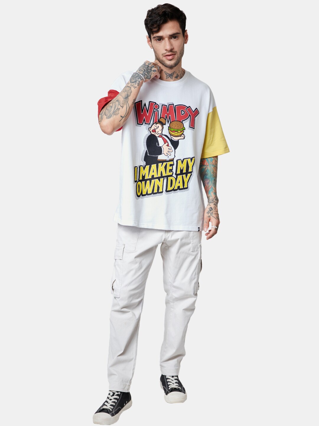 

The Souled Store Men Popeye Wimpy Printed Drop-Shoulder Sleeves Cotton Oversized T-Shirt, White