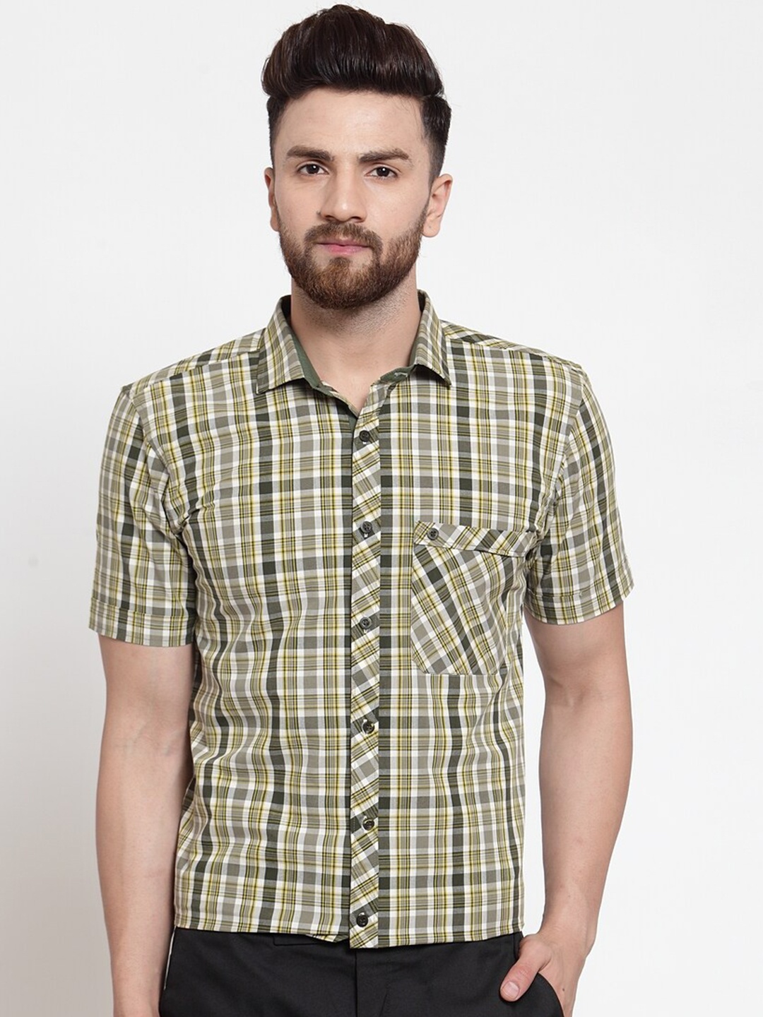 

Purple State Men Slim Fit Tartan Checked Casual Cotton Shirt, Green
