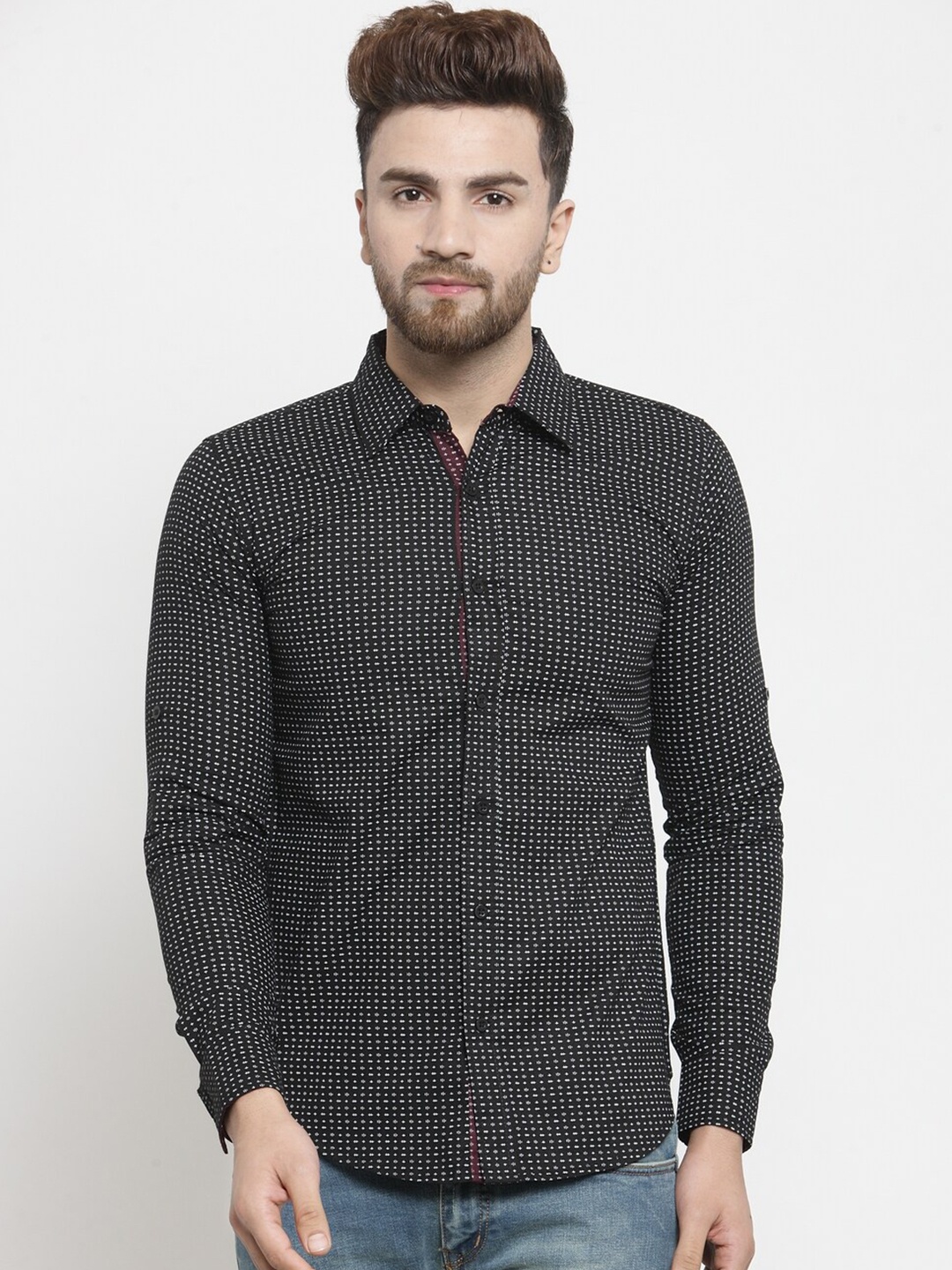 

Purple State Men Printed Cotton Slim Fit Casual Shirt, Black