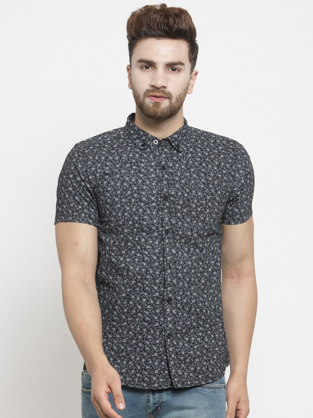 

Purple State Men Slim Fit Floral Printed Cotton Casual Shirt, Grey