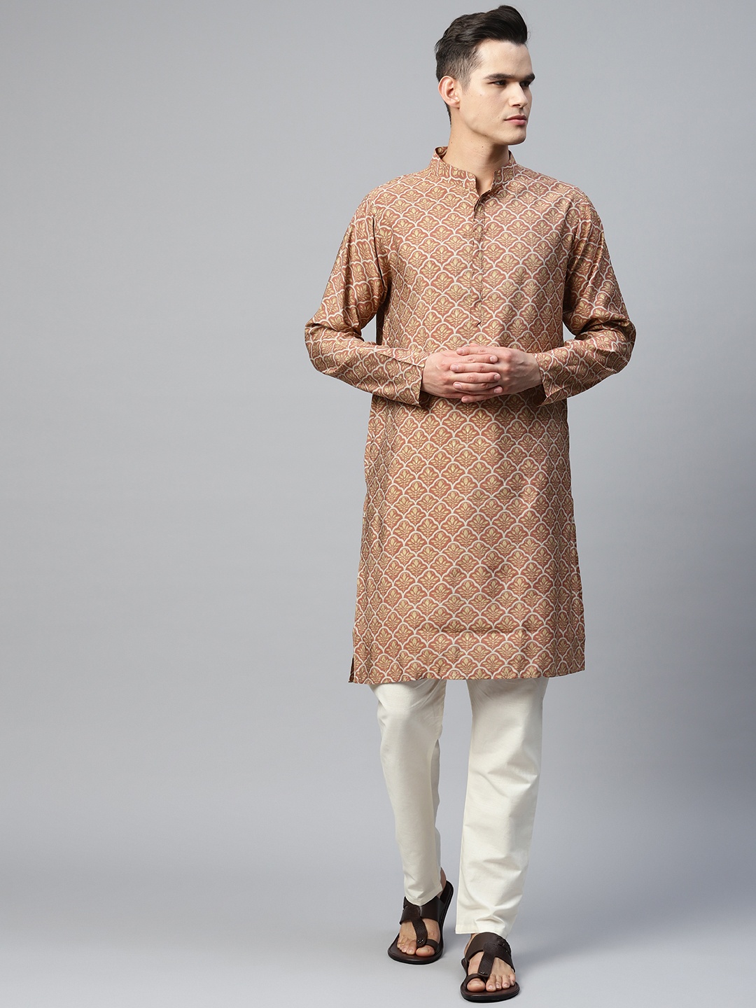 Readiprint Men Rust Floral Printed Kurta with Trousers