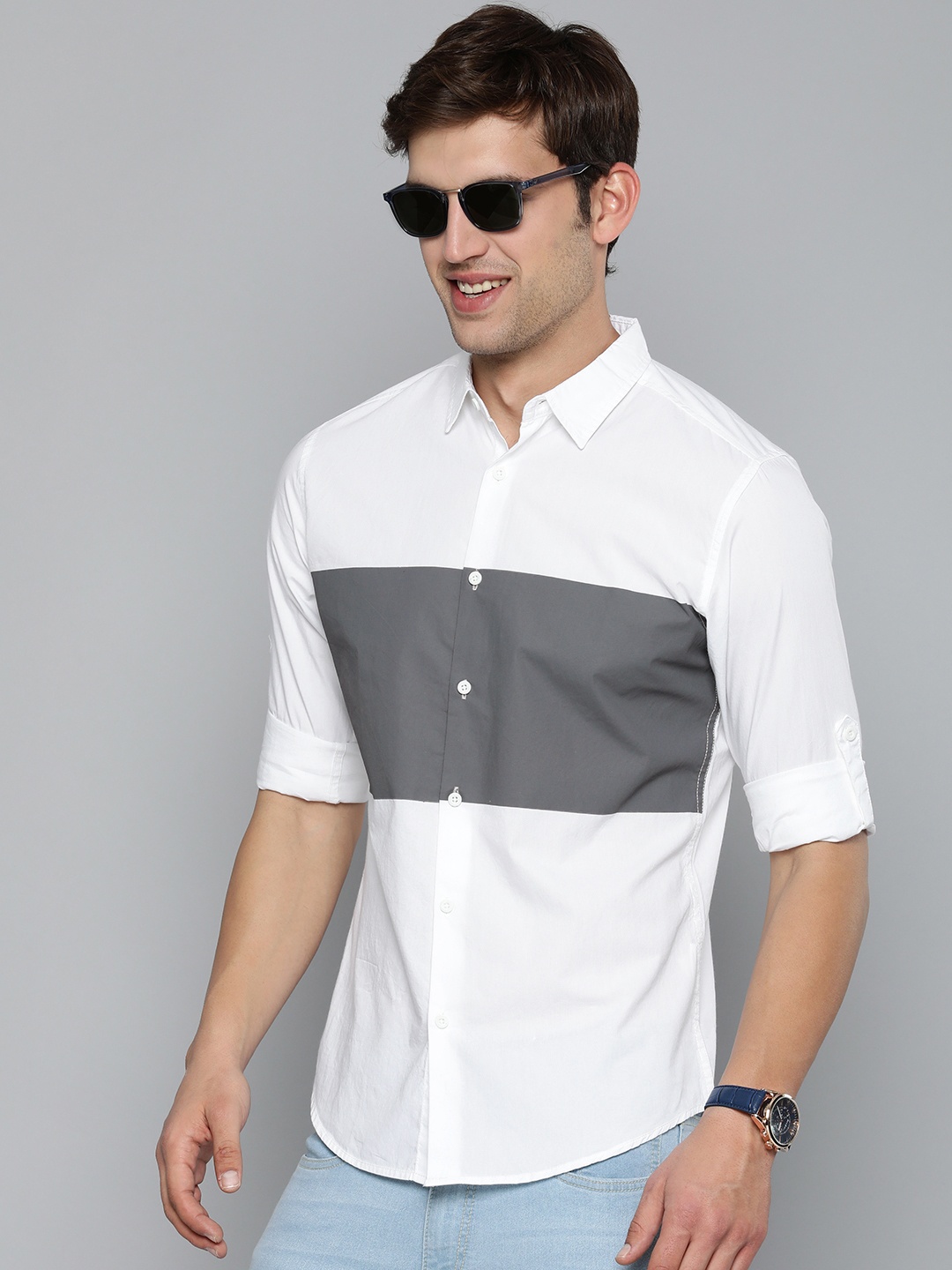 

HERE&NOW Men Slim Fit Colourblocked Cotton Casual Shirt, White