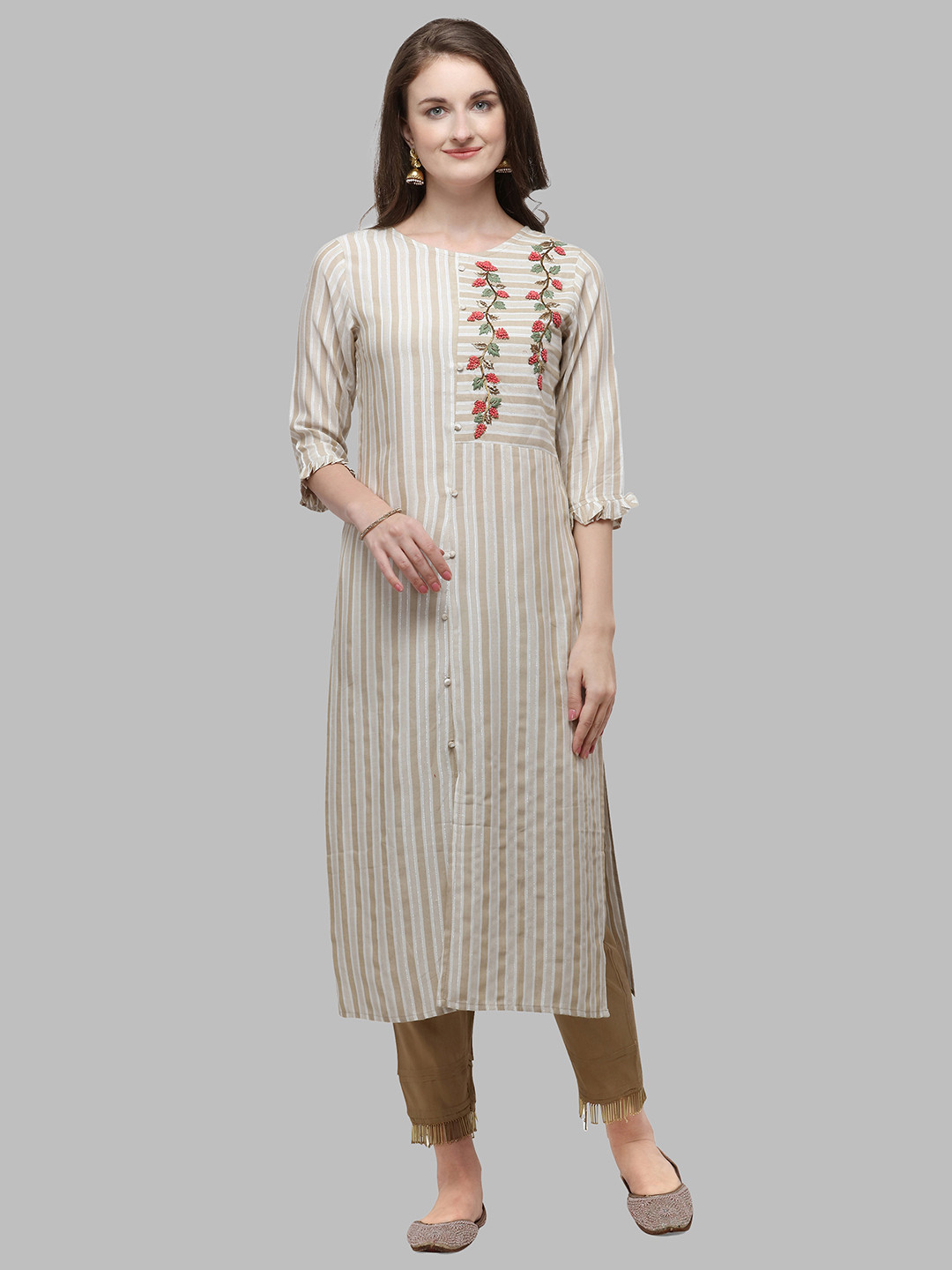 

Berrylicious Women Striped Thread Work Kurta with Trousers, Cream