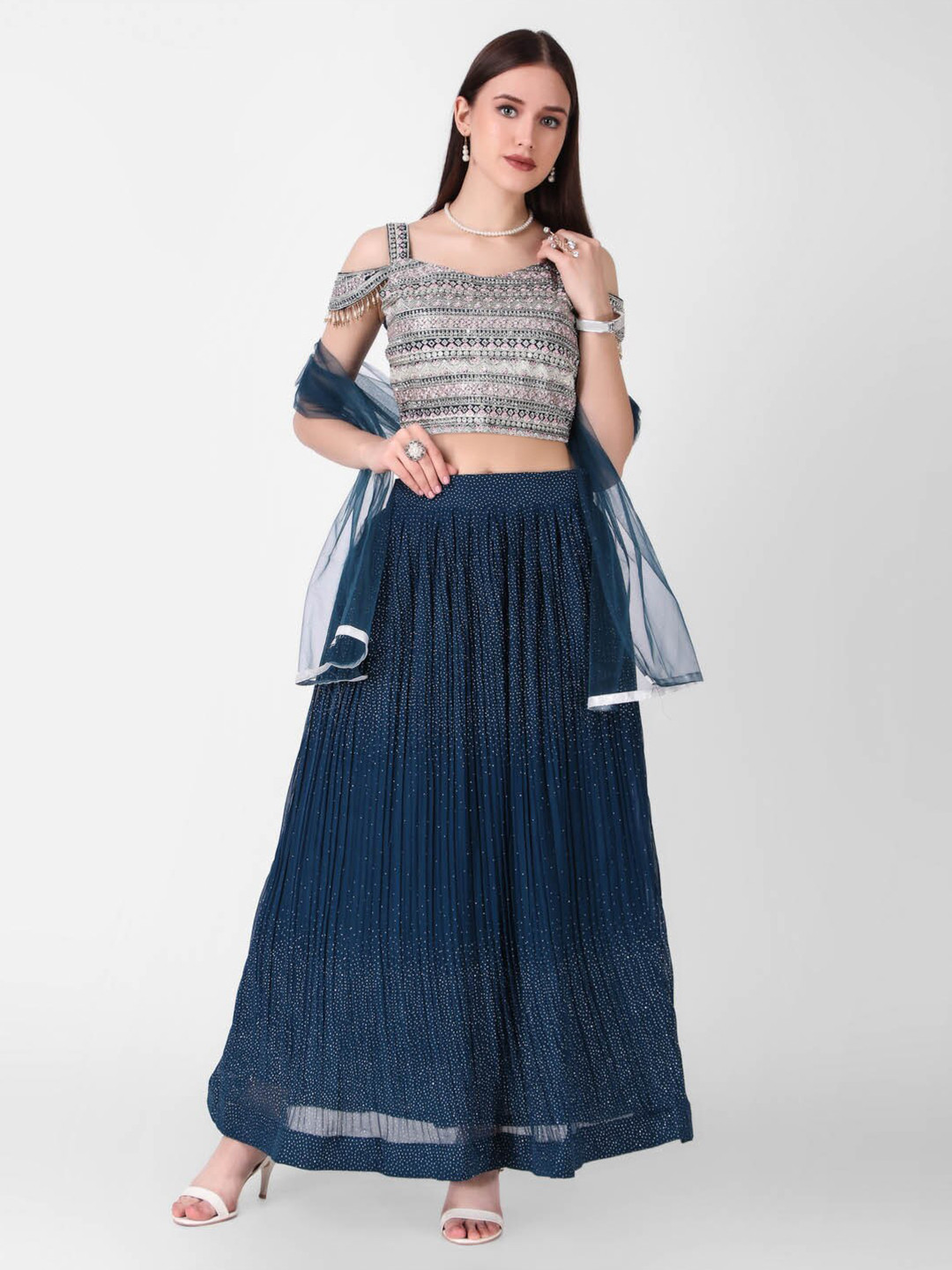 

FNOCKS Embroidered Thread Work Ready to Wear Lehenga & Blouse With Dupatta, Navy blue