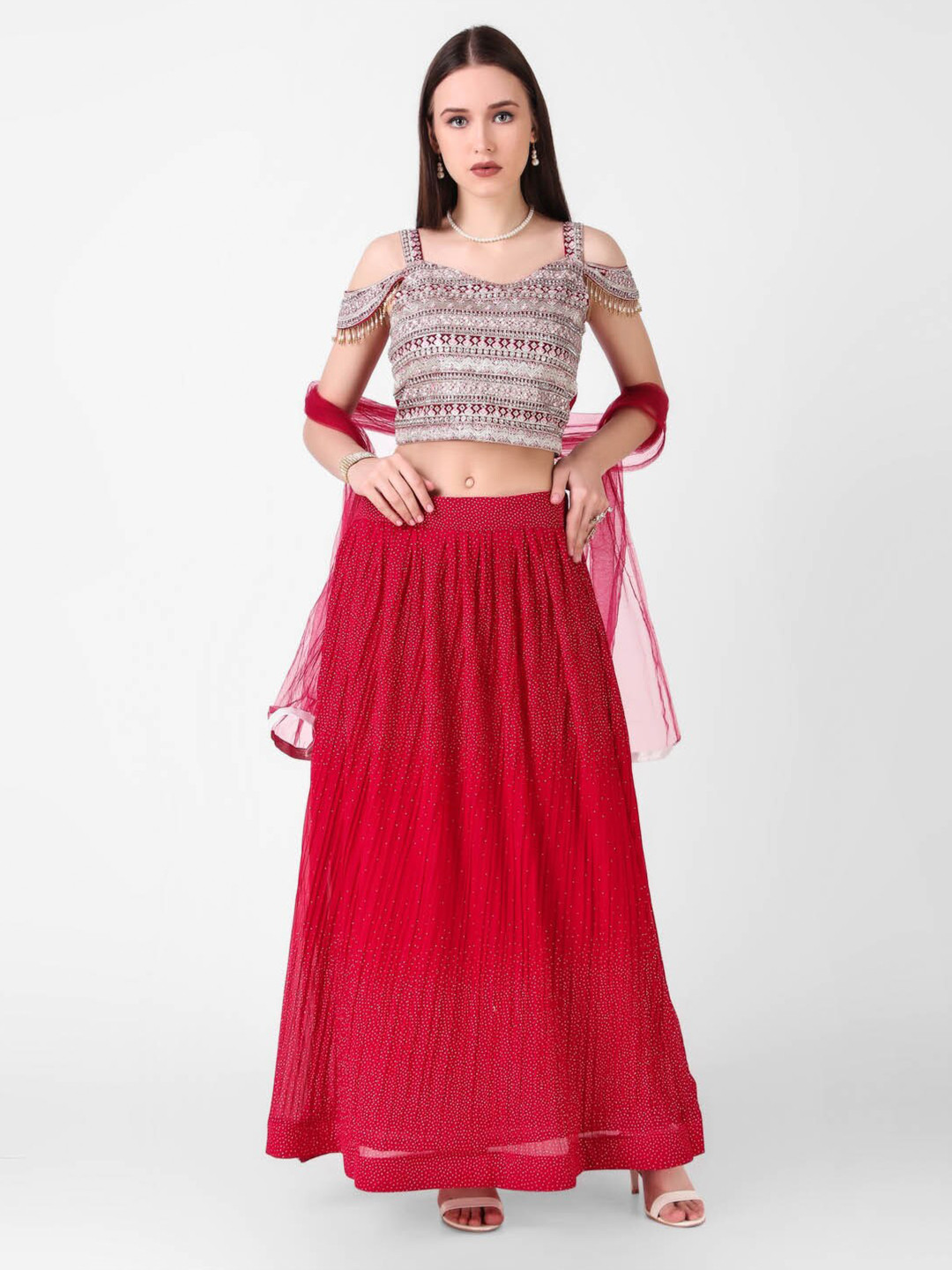 

FNOCKS Embellished Ready to Wear Lehenga & Blouse With Dupatta, Pink