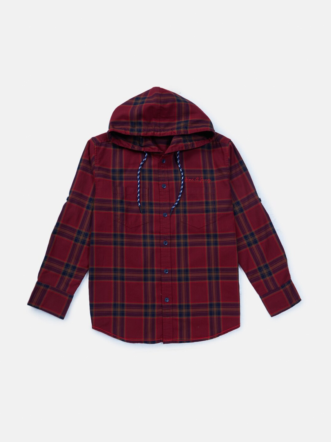 

Gini and Jony Boys Tartan Checked Casual Hooded Cotton Shirt, Maroon