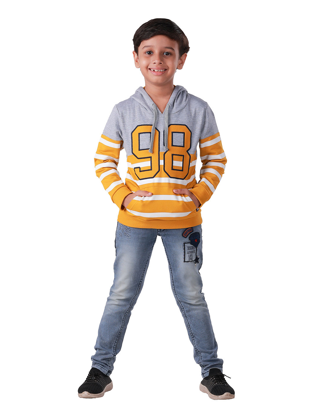 

3PIN Boys Typography Printed Hooded Cotton Pullover Sweatshirt, Grey melange