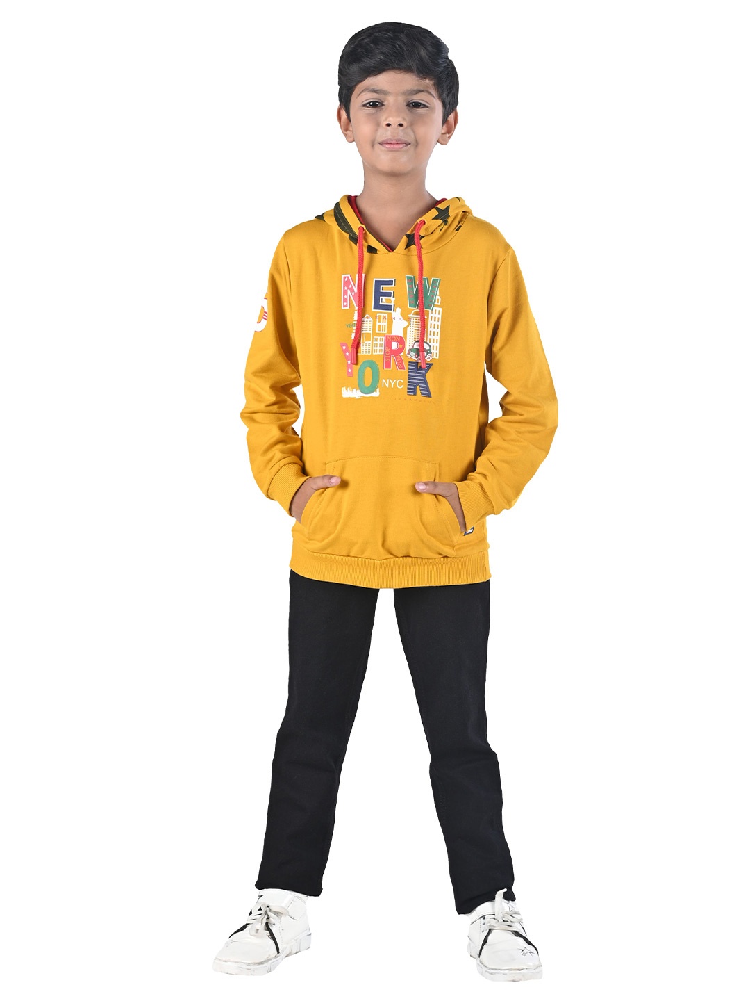

3PIN Boys Mustard Printed Hooded Cotton Pullover Sweatshirt